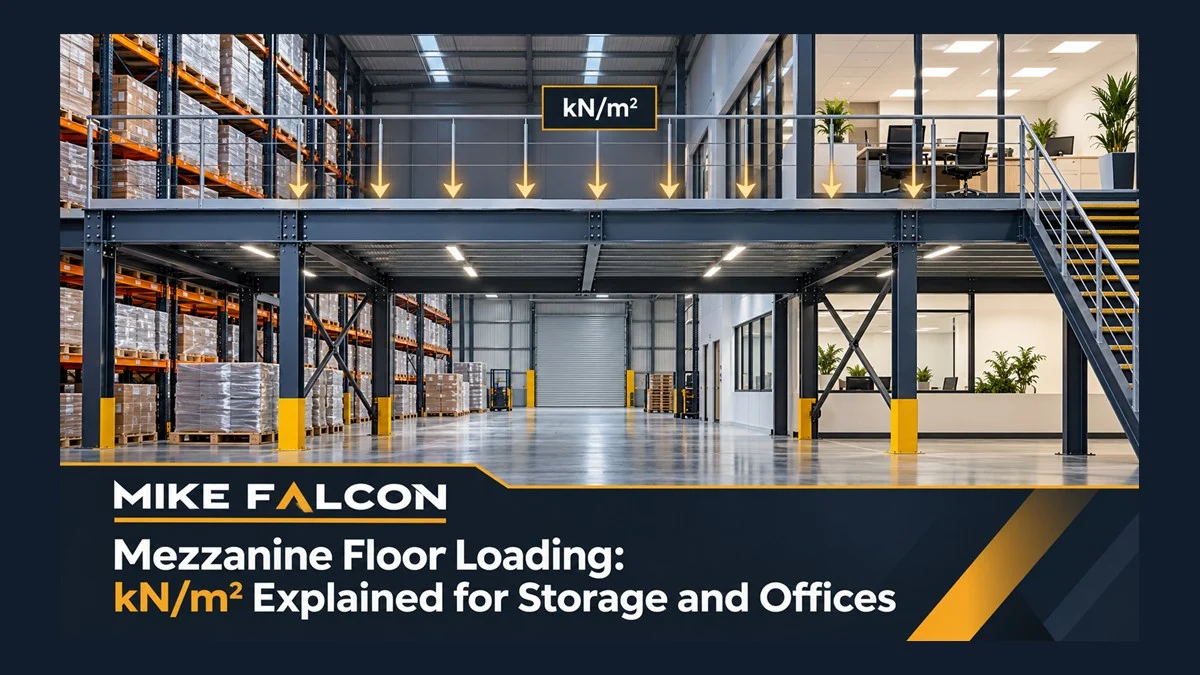 Steel mezzanine floor above pallet racking in a UK warehouse, with the title Mezzanine Floor Loading: kN/m² Explained